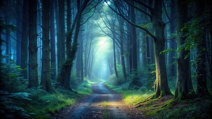 Fototapeta premium Eerie path through dark forest at night with forced perspective