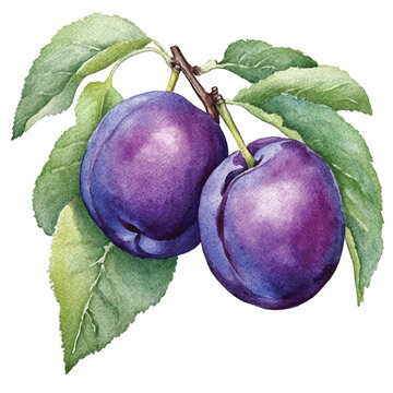 Damson plum fruit watercolor clipart illustratration