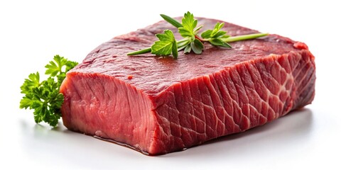 Forced perspective Kobe beef steak with garnish on white background