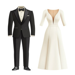 Obraz premium Elegant illustration of a classic black tuxedo and a white wedding gown showcasing timeless wedding attire for a special occasion. Isolated PNG transparent background.