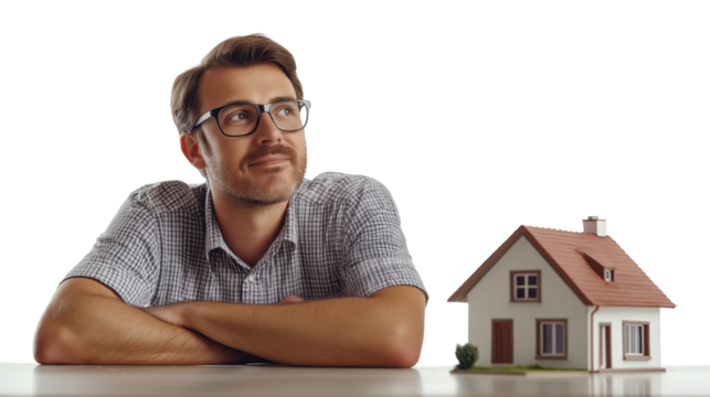 A man with house model dreaming about having real house, agent, residential investment concept. Isolated PNG transparent background.