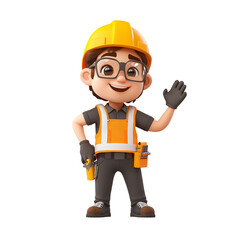 Fototapeta premium 3D illustration of a cheerful construction worker in safety gear waving, symbolizing teamwork and industry. Ideal for business and labor themes. Isolated PNG transparent background.