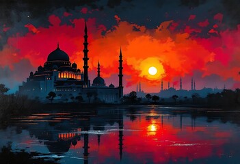 Fototapeta premium Beautiful large Islamic mosque at the sunset sky background 