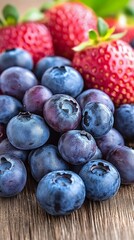 Obraz premium A mix of ripe blueberries and strawberries lies on a wooden surface, highlighting their rich colors and natural freshness in bright daylight