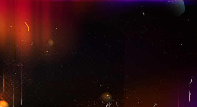 Old film texture with light leaks. Vector realistic illustration of distressed retro movie texture with scratches, noise, red and orange stripes, camera lens flare overlay effect, grungy background