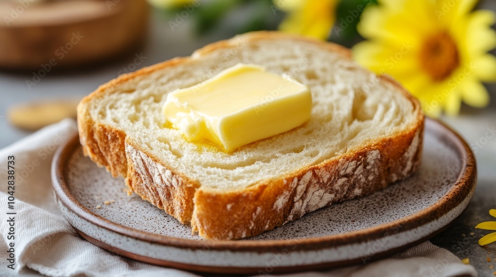 Poster fresh bread slice with butter on plate