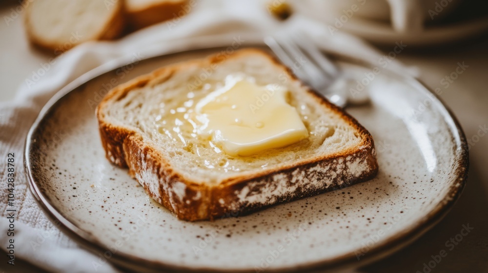Poster buttered toast on plate with fork and cozy background