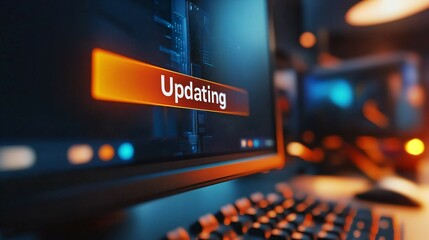 Close-up of computer screen showing software update progress bar with "Updating" text, keyboard and mouse visible in blurred background, modern technology and digital transformation concept.