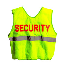 Bright yellow security vest with reflective strips for visibility and safety in security or construction settings. Isolated on a white background. Isolated PNG transparent background.