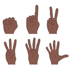 Vector set of counting on fingers. From 1 to 5. Collection of African American hand gestures. Body parts