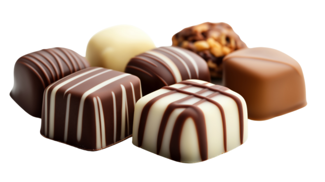 Assorted gourmet chocolates arranged in a group, featuring various designs and flavors, captured on a white background for a minimalist look. Isolated PNG transparent background.