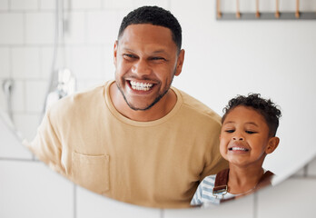 Bathroom, smile in mirror and dad with child in home for dental hygiene, brushing teeth or cleaning. Health, family and father with kid for learning oral care, wellness or grooming in morning routine