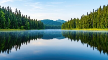 Obraz premium A serene lake surrounded by lush green forests and mountains, reflecting a clear blue sky in a tranquil landscape.