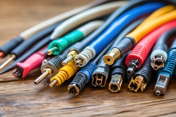 A bundle of coaxial cables with different connectors on a wooden table, illustrating the variety and versatility of cabling used in various electronic and communication applications.