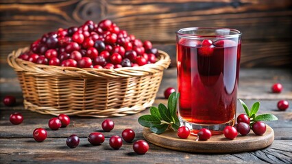 Forced perspective photo of cranberries and a glass of cranberry juice