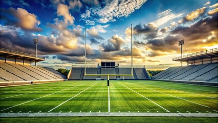 Empty football field with goalposts and bleachers under partly cloudy sky