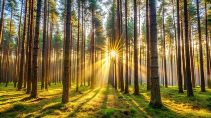 Fototapeta premium Large European pine forest silhouette with sunlight beams shining through