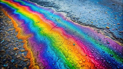 Forced perspective picture of rainbow oil spill on asphalt