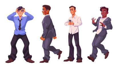 Four male characters in various emotional poses. Cartoon vector illustration set of diverse man stressed, walking confidently in suit, checking his phone, surprised or shocked in untidy clothes.