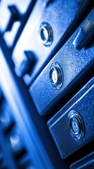 Close-up of metallic safe deposit boxes highlighting security features.