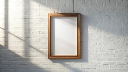 Empty picture frame hanging on white wall and window