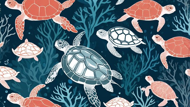Seamless underwater pattern with stylized turtles, fish, and coral in a two-tone color scheme, ideal for fabric, wallpaper, or wrapping paper design