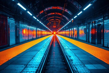 Empty Subway Platform with Brightly Lit Rails