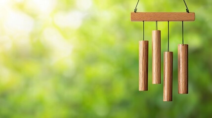 A peaceful wind chime with wooden tubes hangs softly against a blurred green background, creating a serene atmosphere.