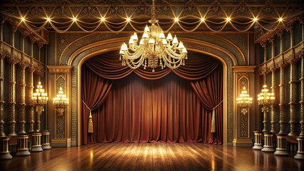 Empty theatre stage with velvet curtains, ornate gold detailing, chandelier, lights