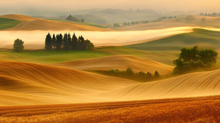 Naklejka premium A breathtaking view of golden fields under a blanket of mist in the early morning, creating a serene atmosphere.
