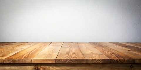 Empty wooden table and white wall background at a tilted angle
