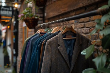 Coats are displayed on hangers outside a dry cleaning shop in a cozy urban setting