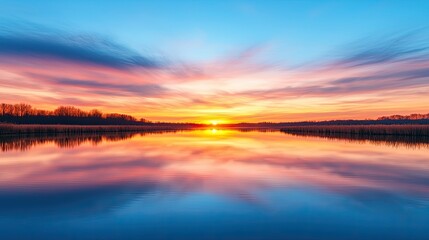 Fototapeta premium A stunning sunset reflects beautifully on a tranquil lake, showcasing vibrant hues of orange, pink, and blue in a serene, natural landscape.