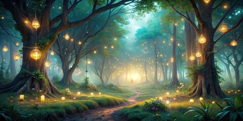 Obraz premium Enchanted forest at night with asymmetrical magical glow