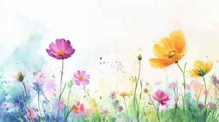 Beautiful watercolor flowers in a vibrant meadow, showcasing nature's colors and beauty