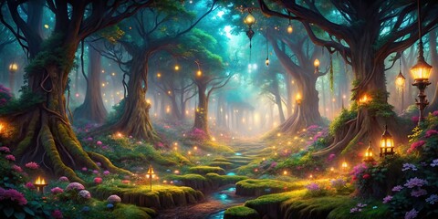 Enchanted forest scene with mystical ambiance
