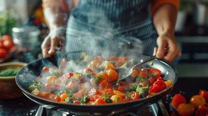 Fresh vegetables are being sautéed in a pan, creating a colorful and smoky aroma in the kitchen