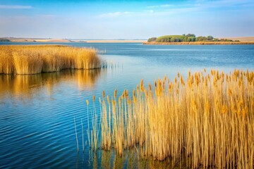 Fototapeta premium Large patch of reed on Razelm Lake with Enisala Medieval Fortress in the background