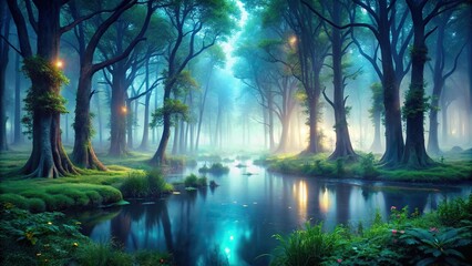 Obraz premium Enchanted swamp with misty fog and mysterious atmosphere in dense forest silhouette