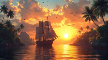 Fototapeta premium A serene sunset with a sailing ship near tropical islands.