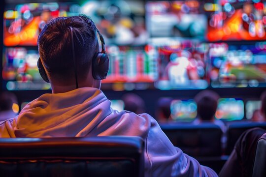 A person in headphones analyzes games displayed on numerous screens in a betting area