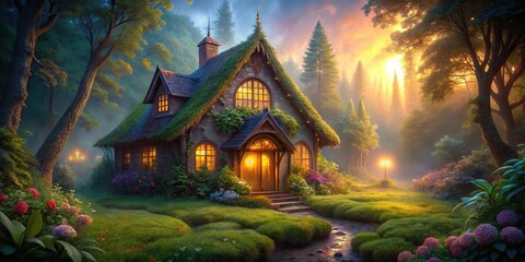 Fototapeta premium Enchanting fairytale cottage with illuminated windows in mystical landscape silhouette