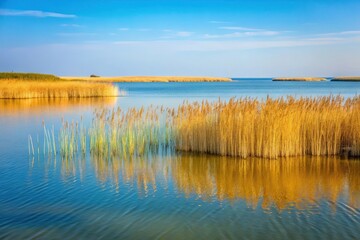 Fototapeta premium Large reed patch on Razelm Lake near Enisala Medieval Fortress in Dobrogea
