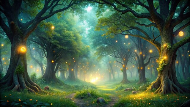 Enchanting forest at night with mystical glowing fireflies, towering ancient trees, and ethereal moonlight filtering through branches, all captured at a tilted angle