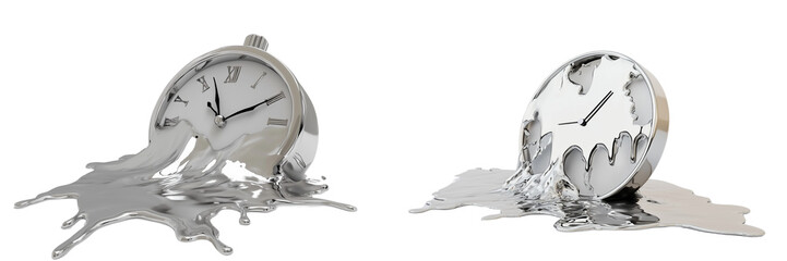 Set of a 3D render of a melting clock, with a melting liquid silver color, isolated on a transparent background.