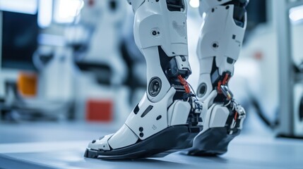 An extreme close-up of the advanced motion sensors and dynamic balancing mechanisms of a humanoid bipedal robot in a robotics locomotion research lab, Robotics style, photo of