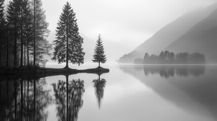 Serene Misty Lake with Reflected Trees and Mountains in Monochrome