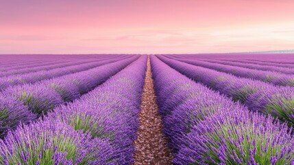 Obraz premium A serene lavender field stretches under a pastel sky, showcasing rows of vibrant purple flowers, perfect for relaxation and nature lovers.