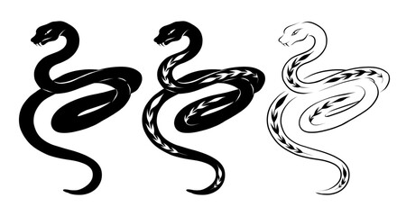 Fototapeta premium Vector monochrome tangled snake set. Collection of black outline and silhouette snakes with plant decoration isolated from background. Symbol of Chinese New Year for icons, logos