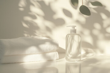 Naklejka premium Minimalist white soap dispenser in soft shadow light